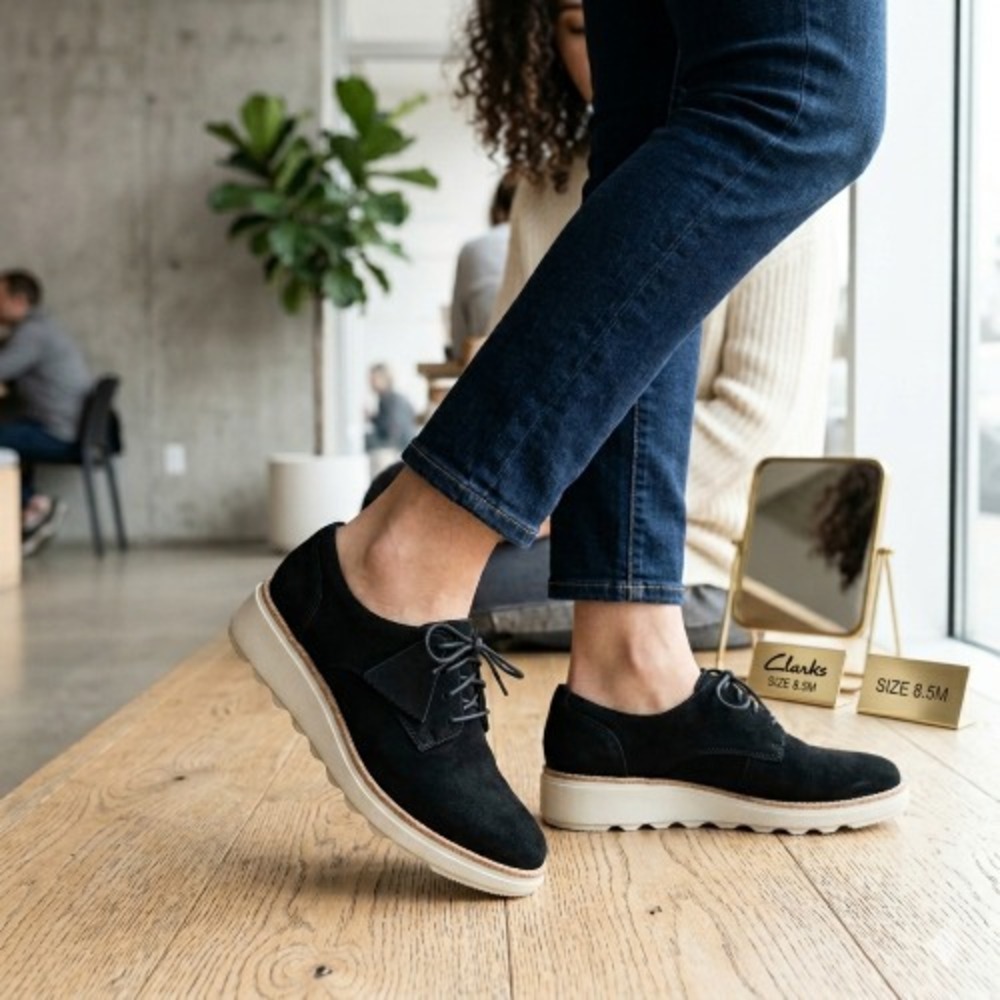 Clarks Sharon Noel Black Suede Oxford Platform Shoes Women's 8.5M – Modern Light